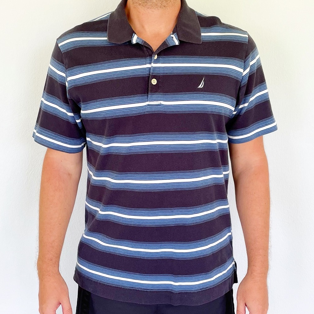 Nautica men’s blue white stripe cotton polo shirt size large